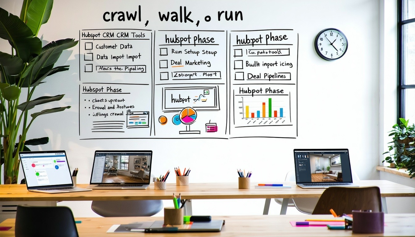 An organized office workspace featuring a large whiteboard filled with a detailed plan outlining the Crawl Walk Run strategy for implementing HubSpot tools in a flooring company The whiteboard includes timelines key phases and bullet points detailing An organized office workspace featuring a large whiteboard filled with a detailed plan outlining the Crawl Walk Run strategy for implementing HubSpot tools in a flooring company The whiteboard includes timelines key phases and bullet points detailing